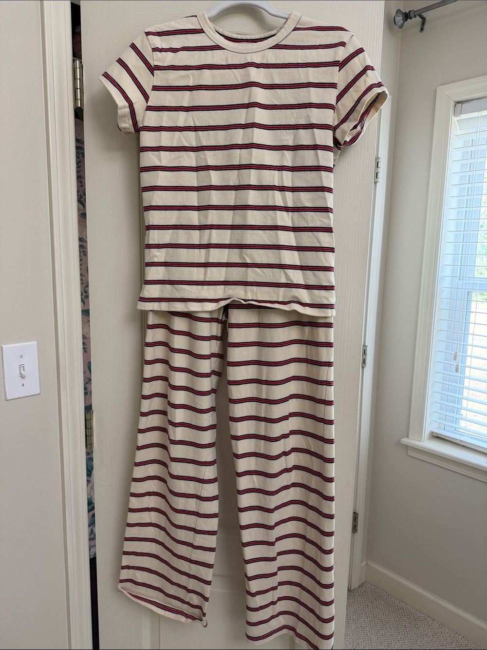 PARKE cream, red and navy blue t shirt and lounge pants
